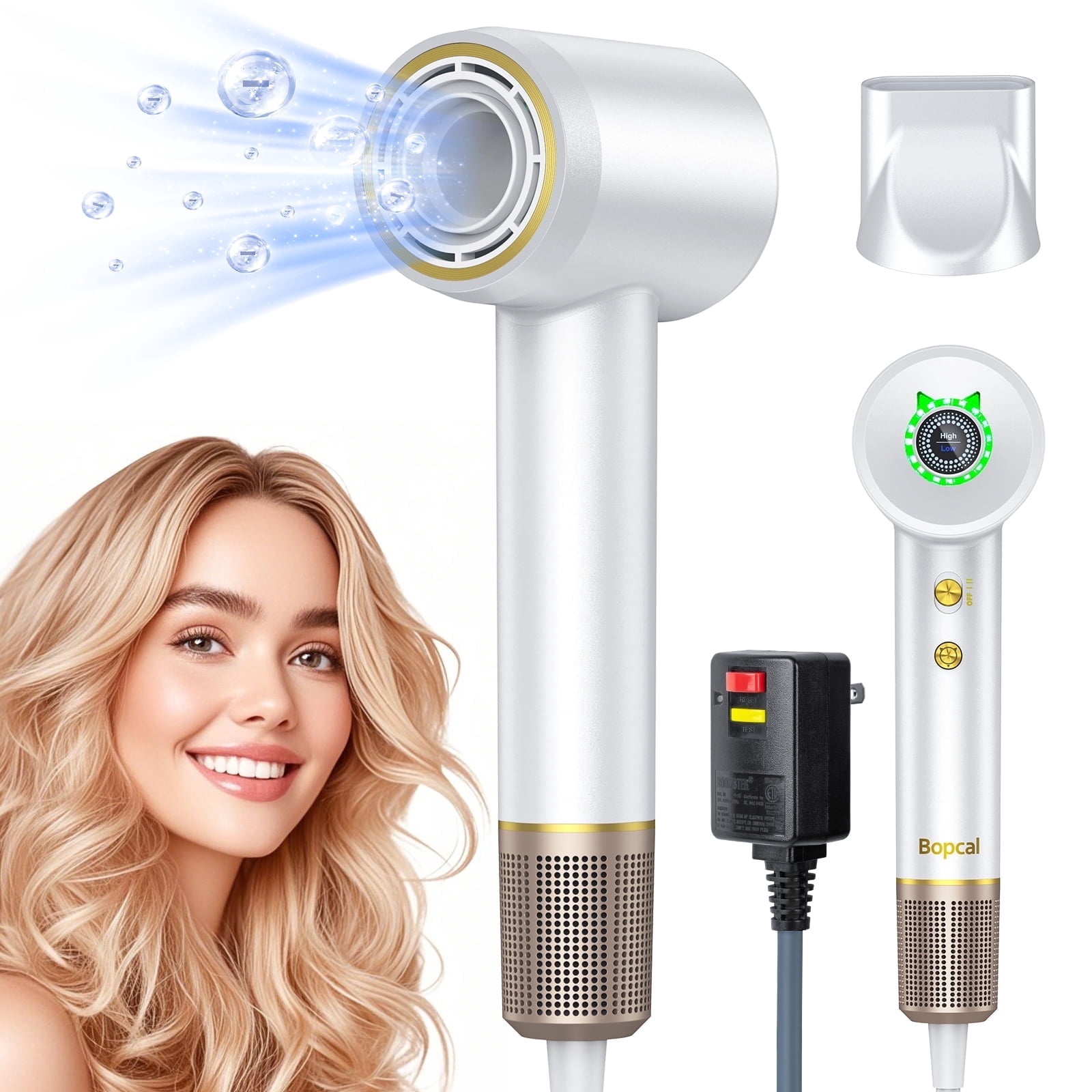 High Speed Hair Dryer - Bopcal 200 Million Negative Ionic Blow Dryer for Hair Care,4 Temps & 2 Speeds,for Home, Travel and Gift Choice(White)
