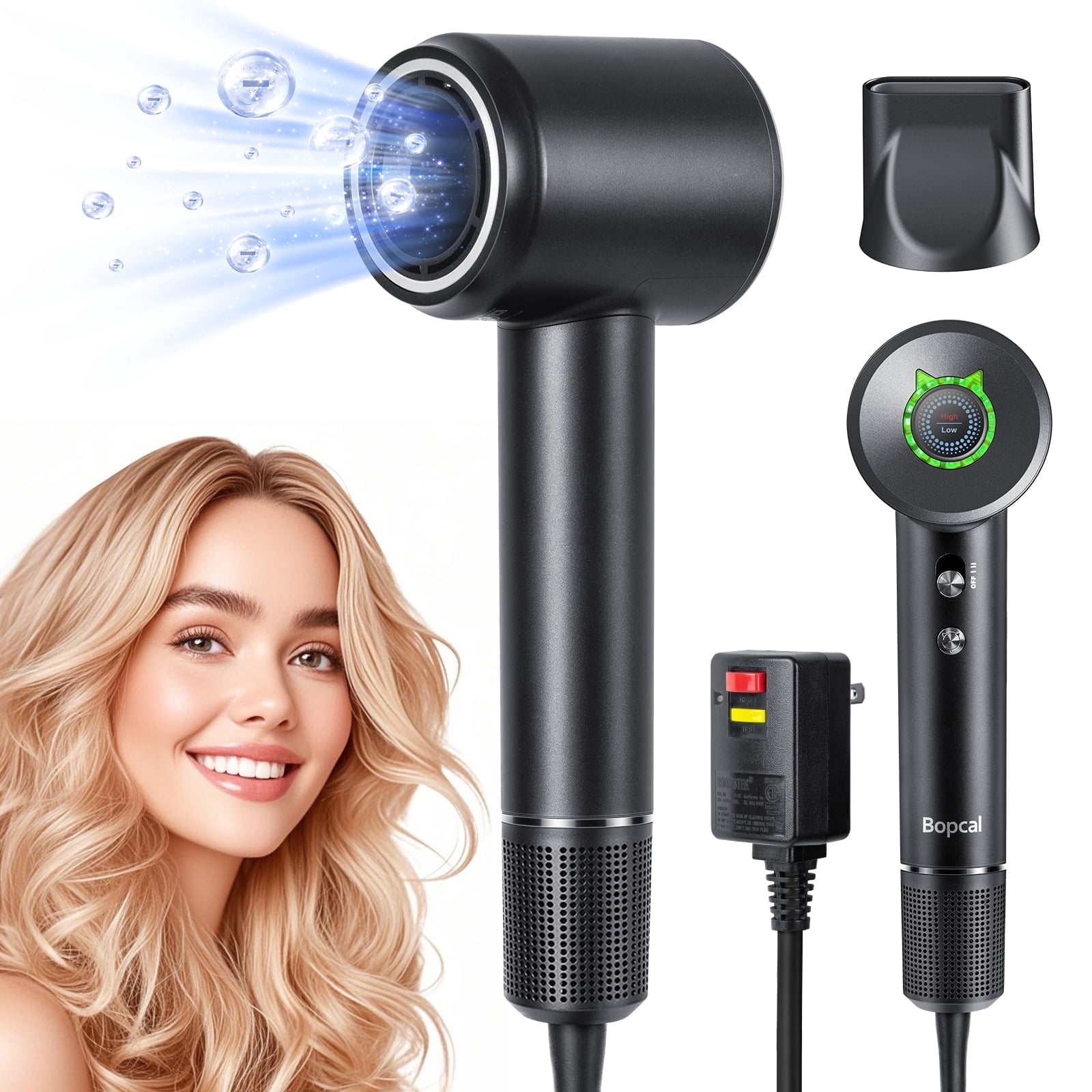 High Speed Hair Dryer-Bopcal Blow Dryer with 4 Temps & 2 Speeds,200 Million Negative Ions Hair Dryer for Home, Travel and Gift Choice(Black)