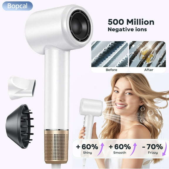 High Speed Hair Dryer-Bopcal Ionic Blow Dryer for Hair Care,3 Speeds & 4 Temps,Diffuser & Nozzle,for Home, Travel and Gift Choice(White)