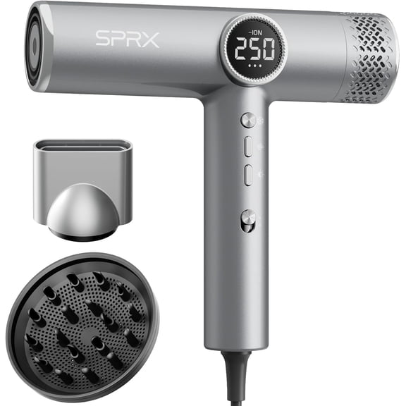 High-Speed Ionic Hair Dryer with Diffuser, 160000 RPM Brushless Motor, Fast Drying, 500M Negative Ions, Lightweight Travel Design, Low Noise, Salon Quality, Silver, 2404R-0