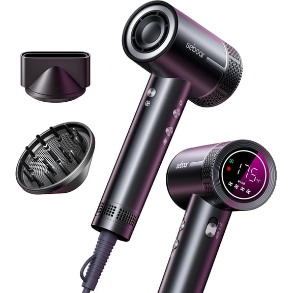 High-Speed Ionic Hair Dryer with Diffuser, 1500W, LCD Thermo-Control Display, 500 Million Negative Ions, Low Noise, Lightweight, Silver Gray
