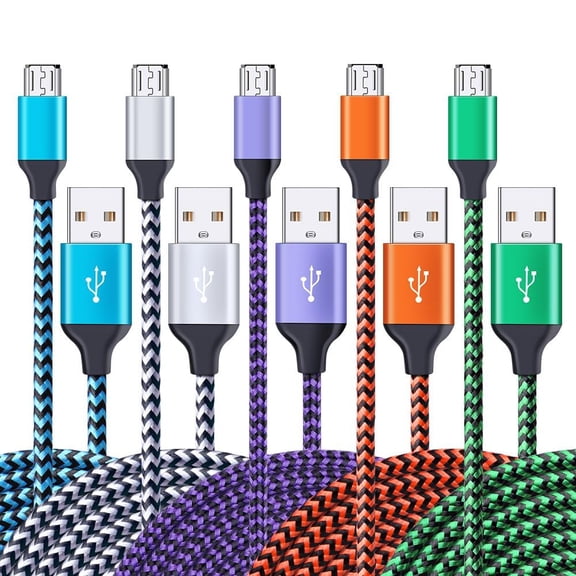 High - Speed Nylon - Braided Micro USB Cable - 6ft, 5 - Pack, Compatible with Samsung Galaxy (J8, S7 etc.), PS4, Motorola, HTC, LG, for Charging & Syncing