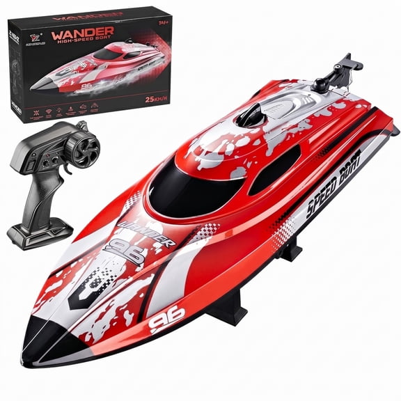 High-Speed RC Boat, 15+ MPH Remote Control Speedboat for Pools and Lakes, 2.4GHz RC Racing Ship with LED Lights, Self-Righting, RechargeableRed (1 Battery)