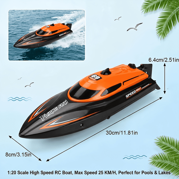 High-Speed RC Boat: Striking Design, Luminous Night Effect, 25KM/H Max, One-Touch Speed Control.