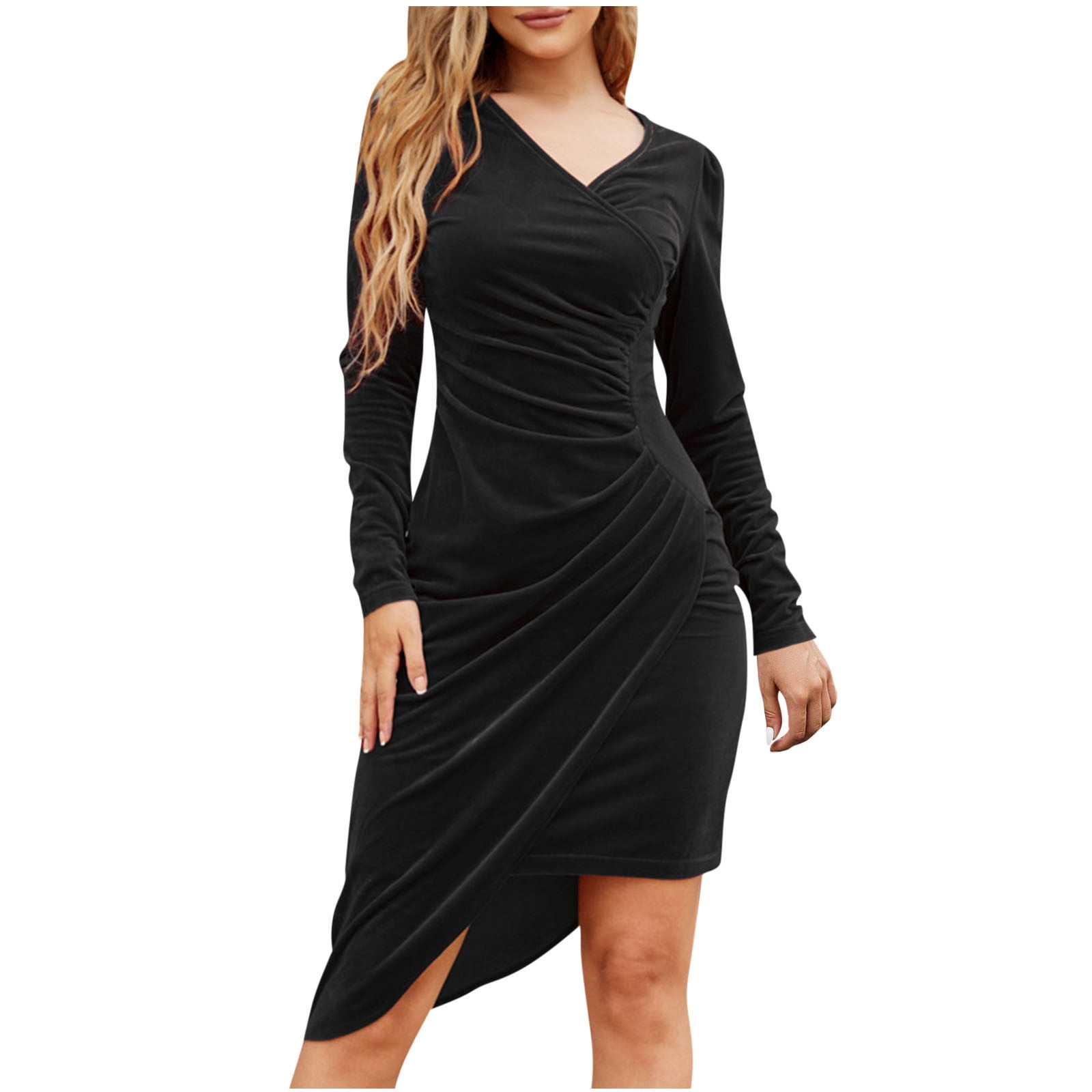 Women's autumn and winter style high-necked long-sleeved velvet dress slim pleated slit dress