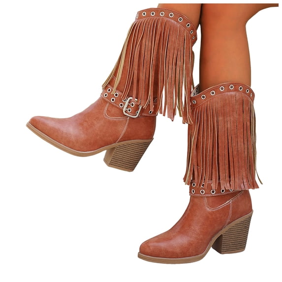 High Stacked Heel Cowboy Boots for Women Hollow out Buckle Strappy Tassel Mid Calf Western Riding Booties