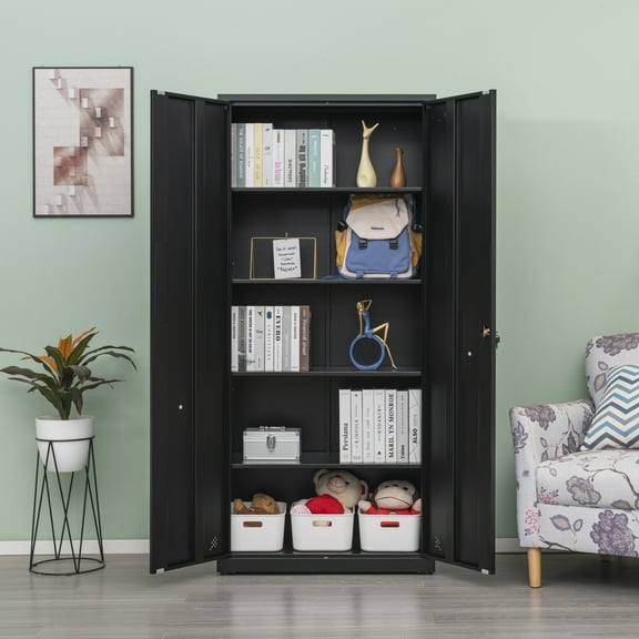 High Storage Cabinet with 2 Doors and 4 Partitions to Separate 5 Storage Spaces, Home/ Office Design