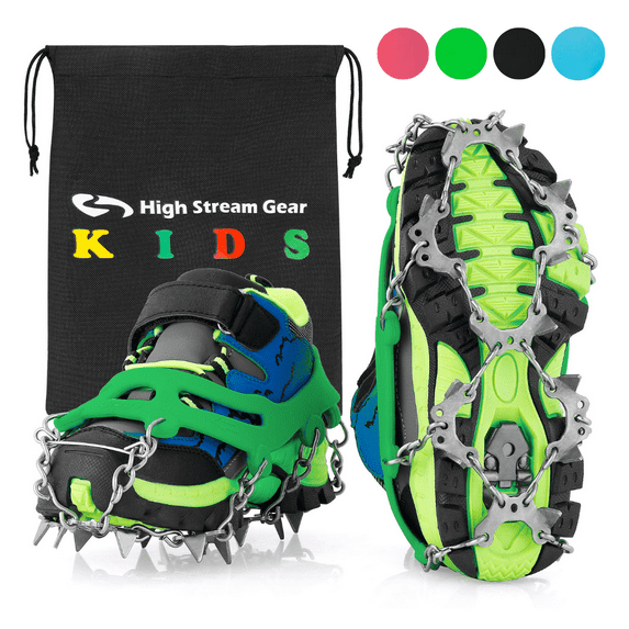 High Stream Gear Ice Cleats for Kids, with 14 Stainless Steel Spikes, for Hiking or Just Walking to School (Green, Medium)
