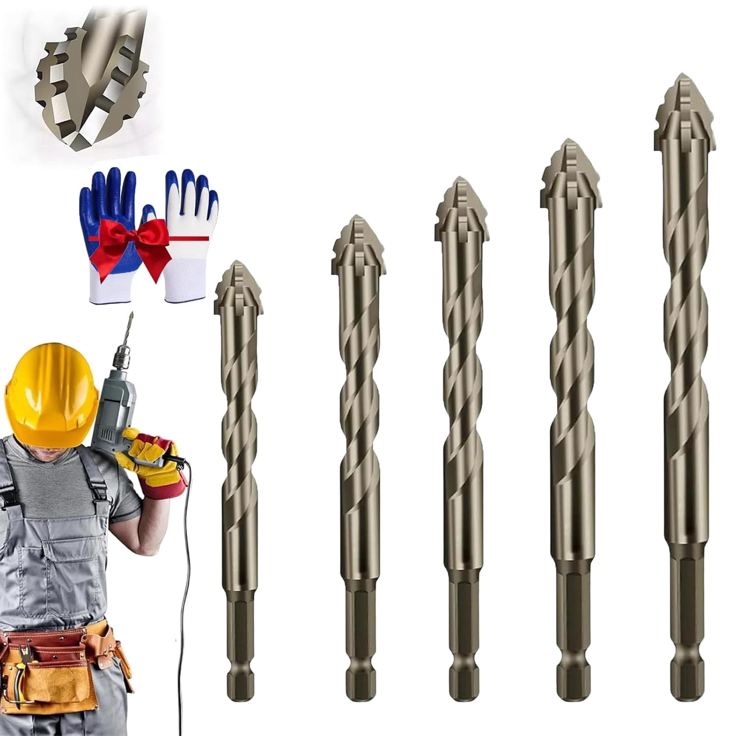 High-Strength 4-Flute Serrated Eccentric Drill Bit, High Hardness Carbide Masonry Drill Bit Set, Multi Material Spiral Drill Bits Set for Concrete, Tile, Brick, Glass, Wood, and Plastic (Set B)