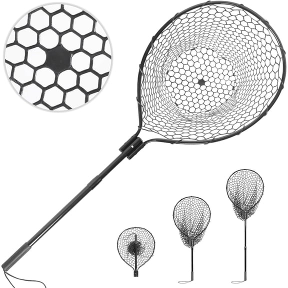 Rubber Fishing Landing Net with Telescoping Handle for Boat Pier River Angling