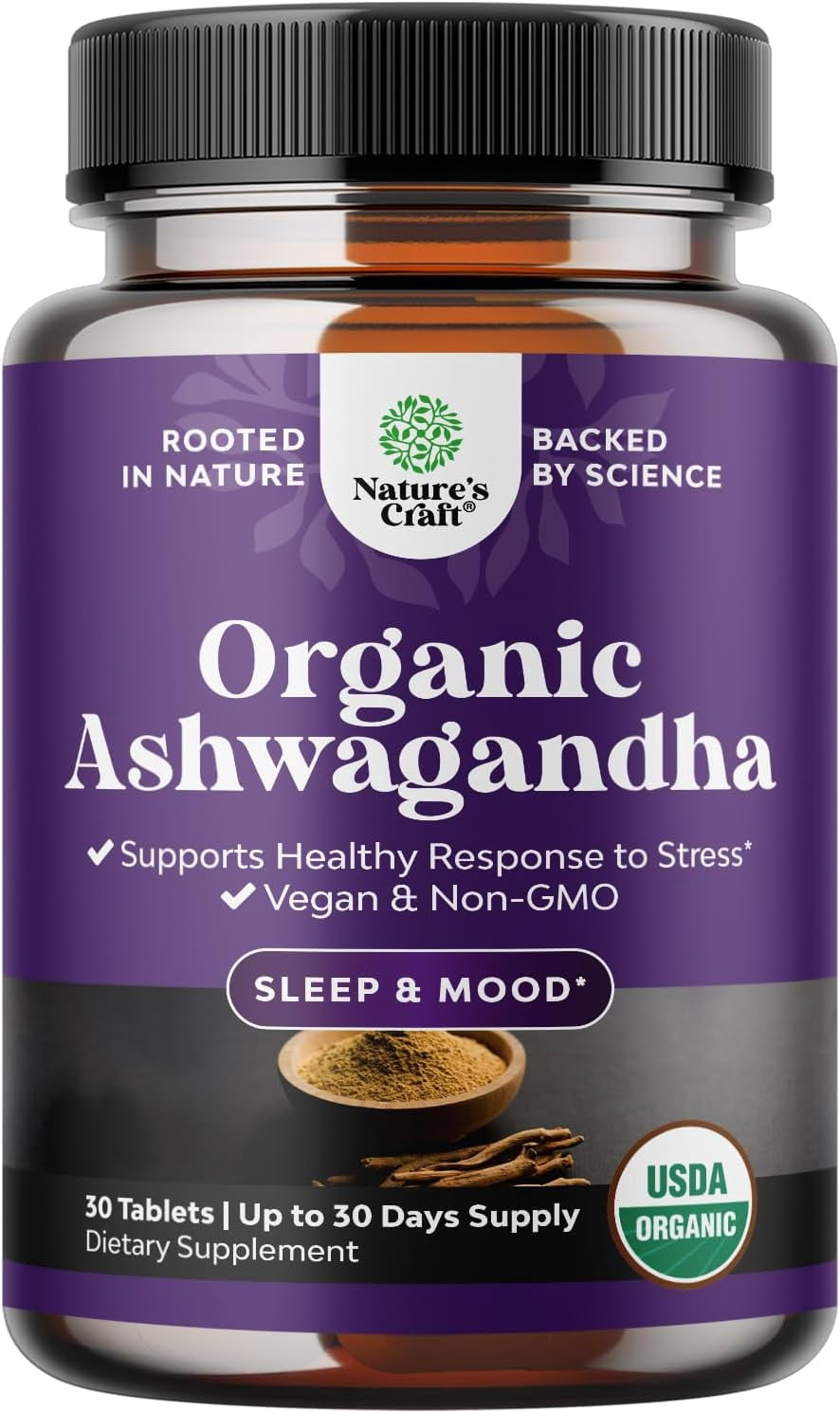 Natures Craft Organic Ashwagandha Mood Support Supplement with Black Pepper, 30 Tablets
