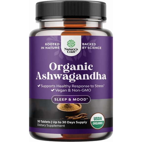 High Strength Organic Ashwagandha Supplements - Ashwagandha Organic Tablets for Mood Support & Hormone Balance for Women & Men - Root Extract Powder with Black Pepper for Better Absorption - 30 Ct