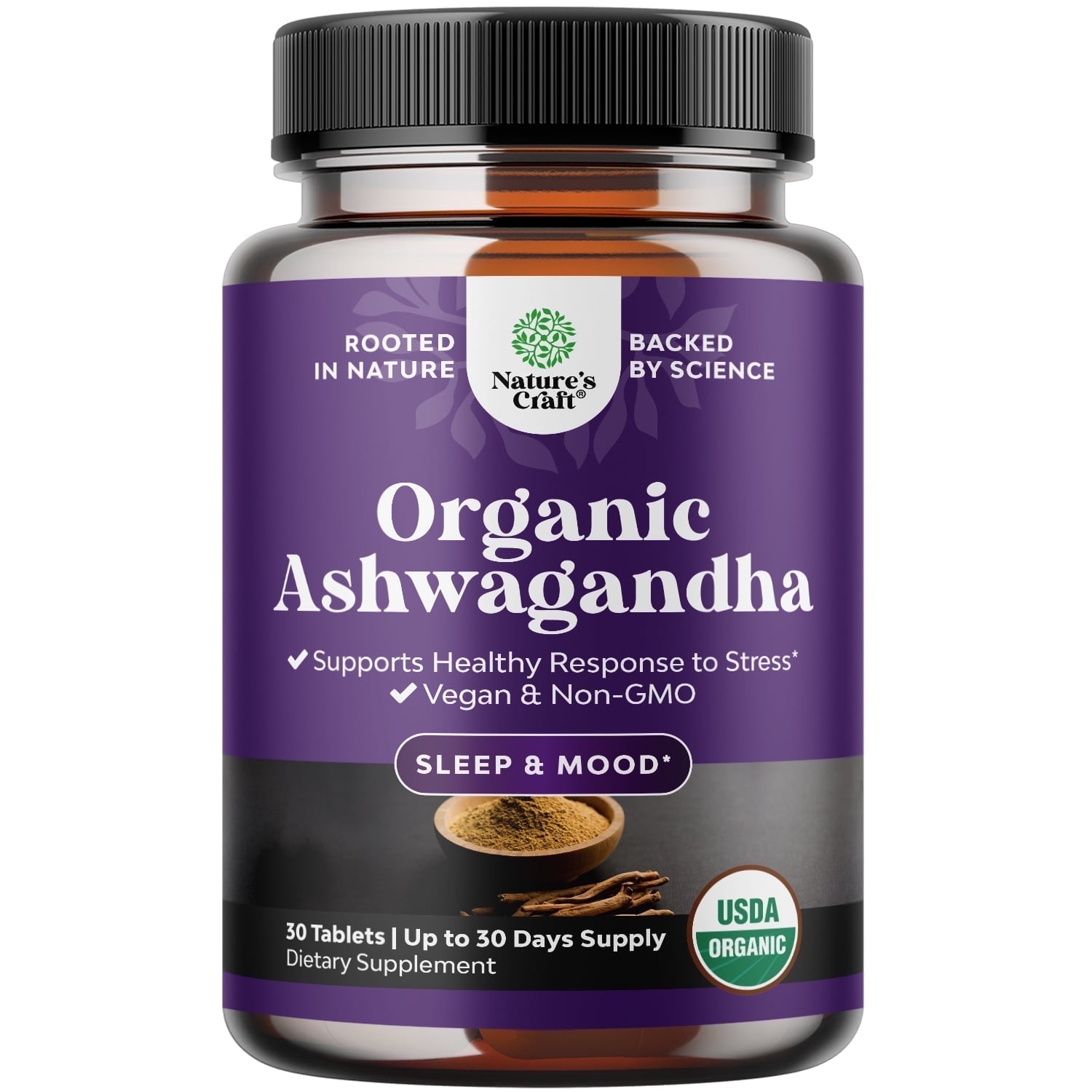 High Strength Organic Ashwagandha Supplements - Calm Mood Support Ashwagandha with Black Pepper for Enhanced Absorption - Vegan and Non-GMO (30 Tablets)