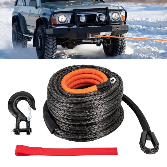 High-Strength Synthetic Winch Rope 92ft x 3/8" with Stainless Steel Hook & Safety Pull Strap