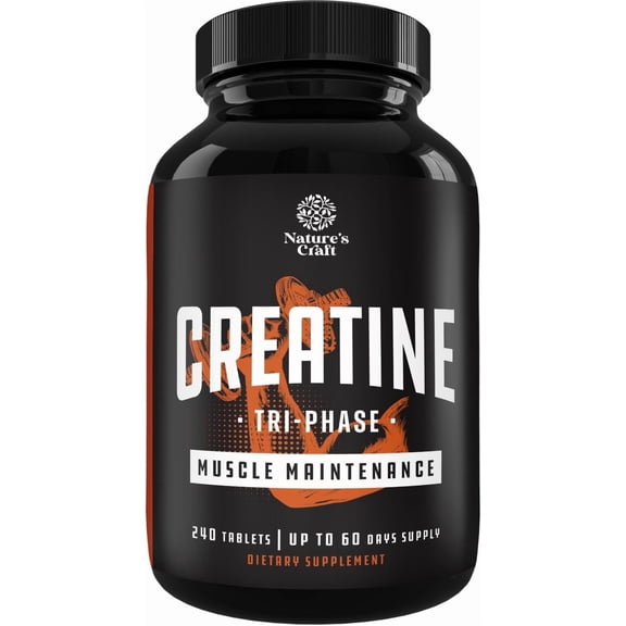 Natures Craft High Strength Tri Phase Creatine Tablets for Women & Men - Formula Blend of Creatine Monohydrate, 300mg HCL & Pyruvate Supplement - Muscle Mass Gain & Recovery Supplement - 240 Tablets