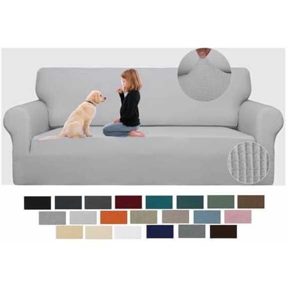High Stretch Couch Covers for 3 Cushion Couch 1-Piece Jacquard Sofa Slipcovers Anti Slip Sofa Cover with Elastic Bottom Furniture Protector for Kids Pets (Sofa, Light Gray and White)