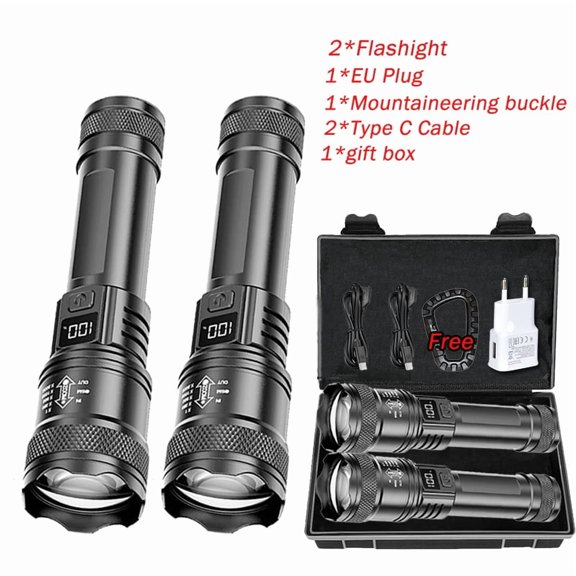 High Strong Power Led Flashlights 2000LM Tactical Torch with Display Light USB Charging Camping Fishing Emergency Zoom Lantern