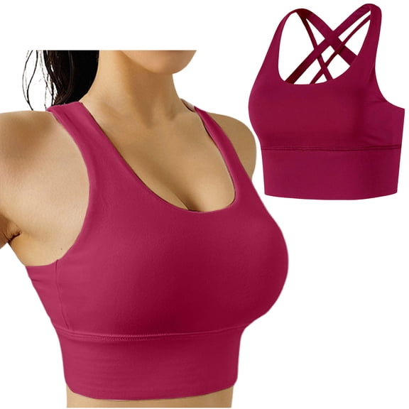 High Support Sports Bra for Women Criss Cross Back Longline Tank Pushup Bralette Gather Padded Yoga Workout Bra, Wine, XXL