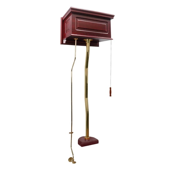 High Tank Pull Chain Toilet Cherry Stained 23" W Raised Panel Hardwood Tank Conversion Kit Brass Plated Stainless Steel Z-Pipe 59" to 74" Adjustable Height Renovators Supply