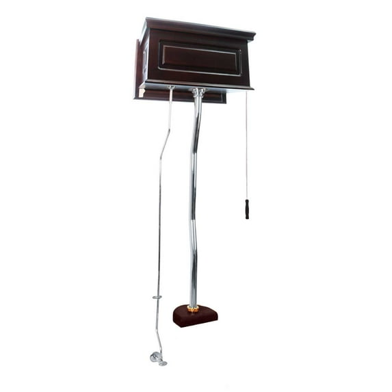 High Tank Pull Chain Toilet Dark Oak Stained 23" W Raised Panel Hardwood Tank Conversion Kit Chrome Plated Stainless Steel Z-Pipe 59" to 74" Adjustable Height Renovators Supply
