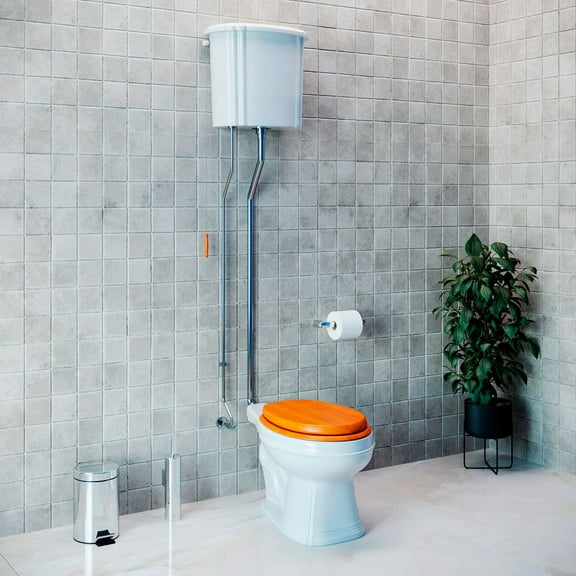 High Tank Pull Chain Toilet w/White Ceramic High Tank Adjustable Height Satin L Pipe and Elongated Bowl Victorian Vintage ADA Complaint Toilet| Renovators Supply