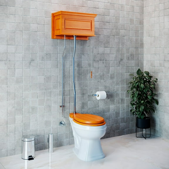 High Tank Toilet Elongated White Bowl Light Mahogany Tank Chrome| Renovator's Supply