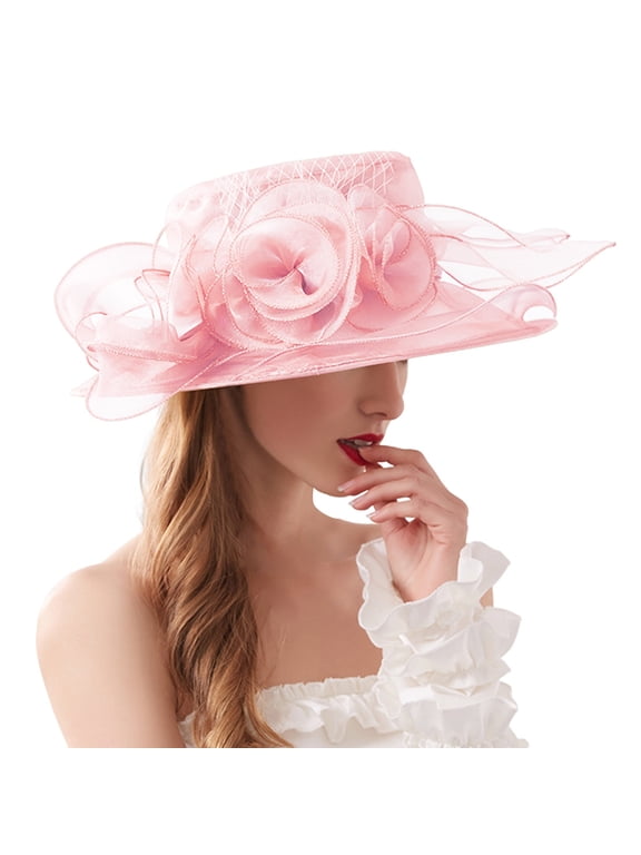 High Tea Hats for Women, Audhol 2025 Derby Hats for Women Ladies, Classy Organza Church Tea Party Wedding Kentucky Fascinator Hat Uv Protection Sun Hats Church Hat Pink One Size