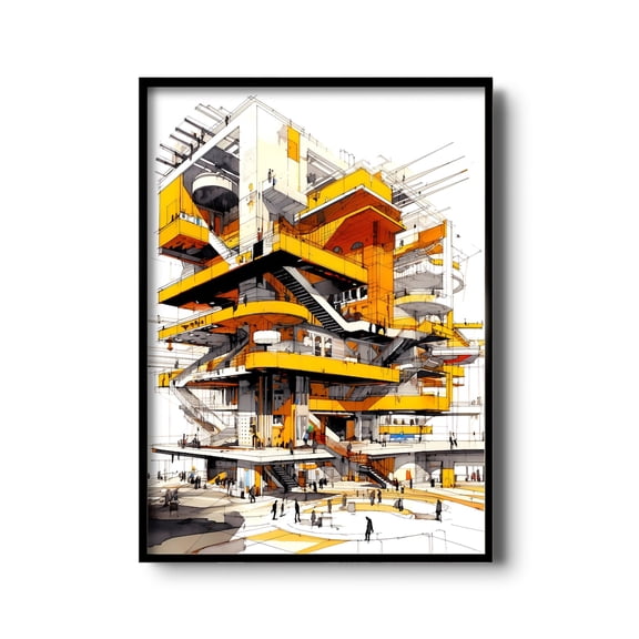 High Tech Architecture Print Architect Illustration Wall Art Home Gallery Accent