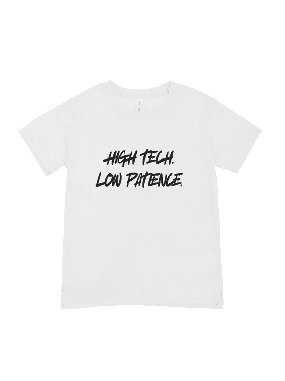 High Tech Low Patience Shirt, Funny Unisex Streetwear T-shirt, Graphic Tee for Friend, Techwear Humor Clothes, Tops Gift for Programmer (White)