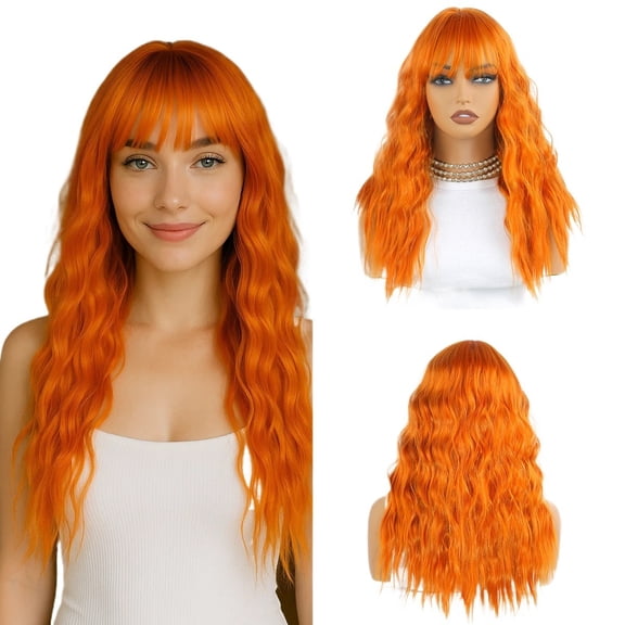 High Temperature Silk Orange Curly Hair Wig for Women - Long Bangs for Parties, Costumes, and Cosplay