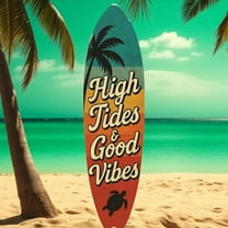 High Tides Good Vibes Surfboard Sign – Coastal Wall Decor with Sea Turtles, Palm Tree, Retro Beach House Art, Indoor Outdoor PVC Sign
