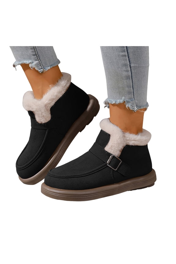 High Top Boots for Women Comfy Soft Sole Casual Suede Winter Ankle Boots Round Toe Buckle Strap Flat Heel Booties Black Size 9