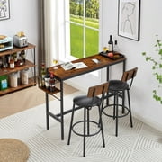 High Top Dining Set for 2, BTMWAY Counter Height Dining Bar Table Set with Foldable Bottle Storage Rack, Industrial Brown Dining Table and Chairs Set for Kitchen, 13.6in Wide Leather Padded Bar Stools