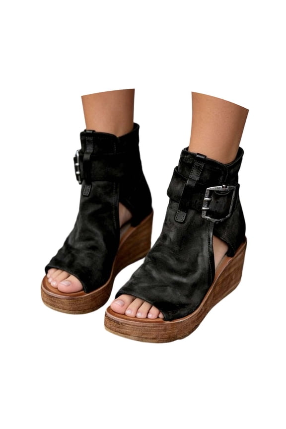 High Top Sandals for Women Platform Summer Vintage Casual Fish Mouth Open Toe Buckle Hollow Wedge Sandals Comfy Ladies Outdoor Roman Shoes