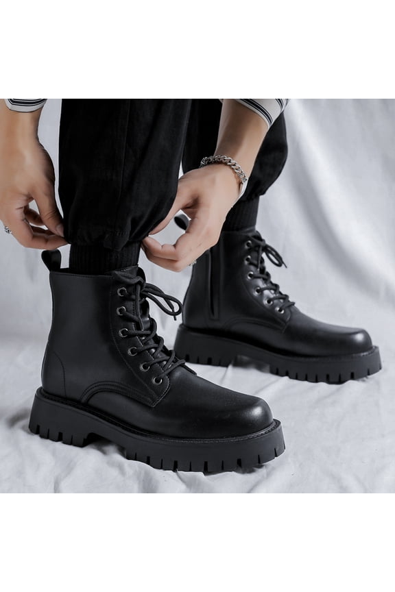 High Top Smooth Leather Platform Martin Boots with Side Zipper & Lace-up Design