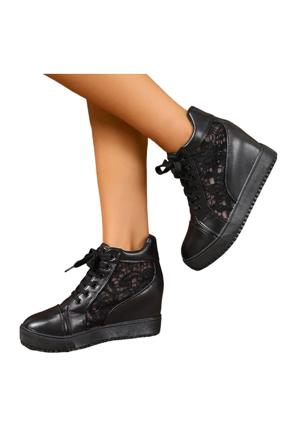 High Top Sneakers for Women Hidden Wedge Breathable Lace Mesh Platform Athletic Shoes Casual Lace up Tennis Shoes Black Size 6