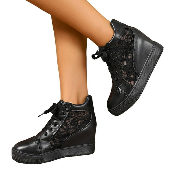 High Top Sneakers for Women Hidden Wedge Breathable Lace Mesh Platform Athletic Shoes Casual Lace up Tennis Shoes Black Size 7.5