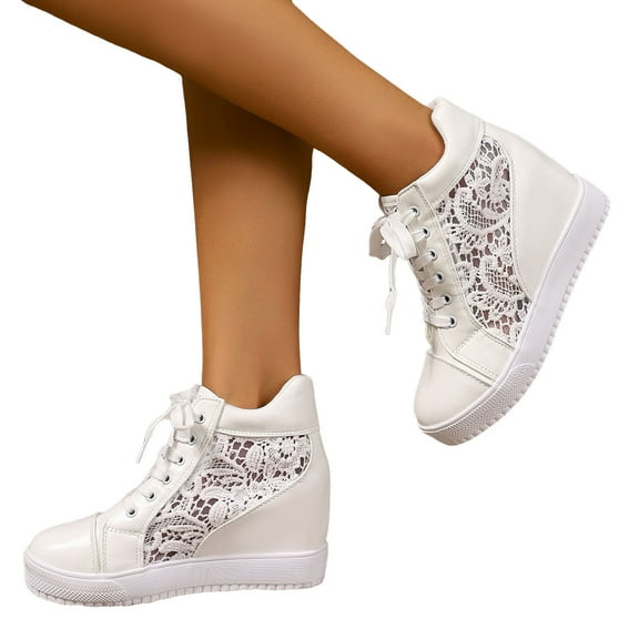 High Top Sneakers for Women Hidden Wedge Breathable Lace Mesh Platform Athletic Shoes Casual Lace up Tennis Shoes White Size 8.5