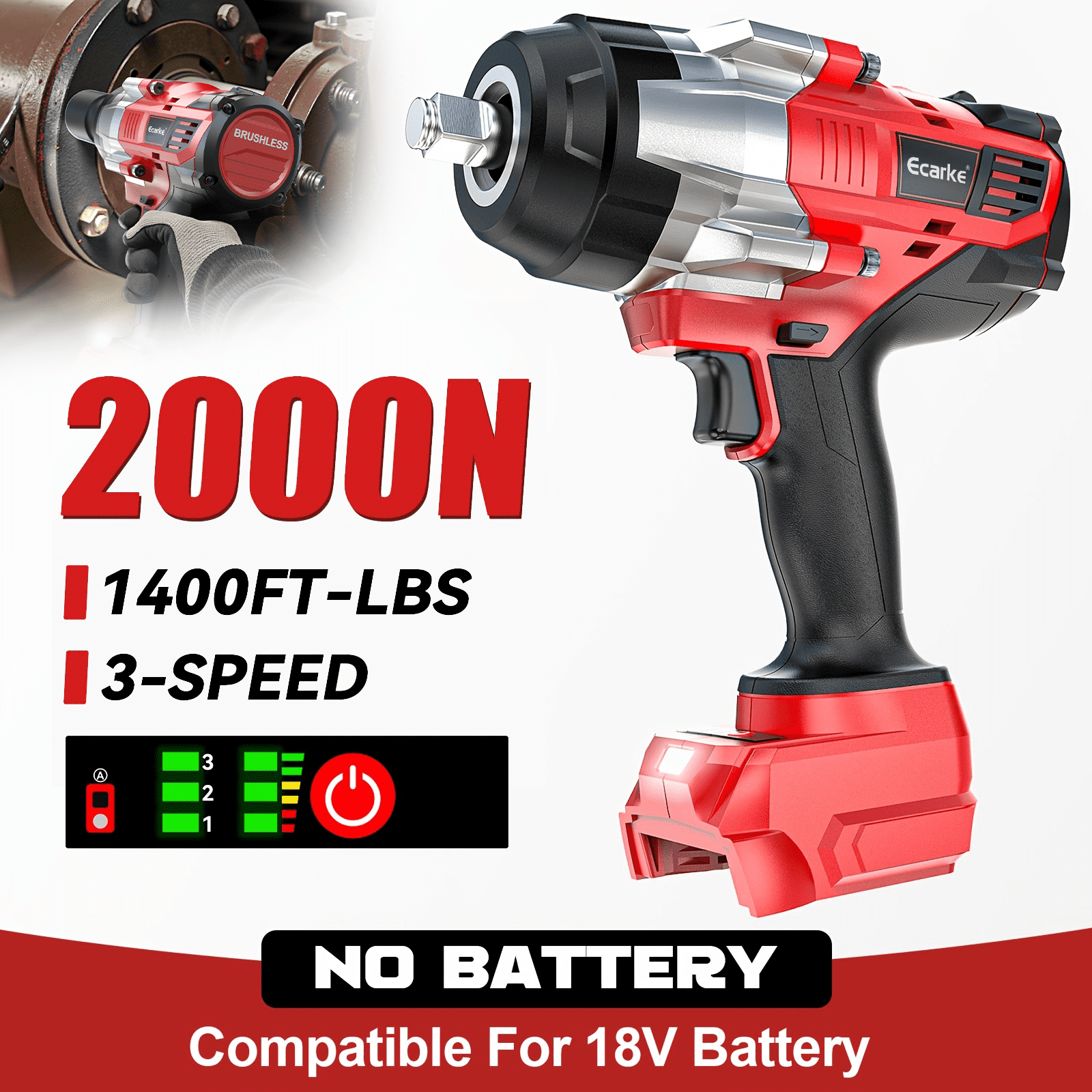 High Torque 1/2 Inch Cordless Impact Wrench, 1400 FT-LBS (2000 N.m), 18V Battery Compatible, 3-Speed Brushless Motor, LED Light, Automotive Tool, Tool Only (Battery Not Included)