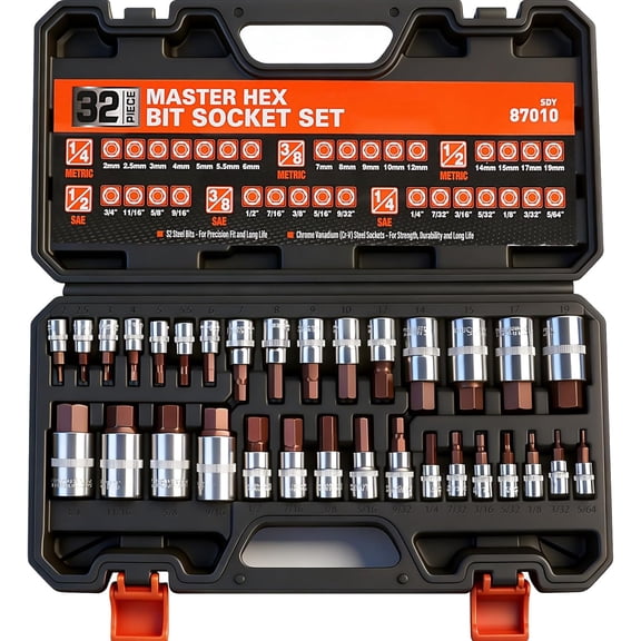 High Torque Master Hex Bit Socket Set, 32-Piece SAE & Metric Allen Premium S2 Alloy Steel, Durable Stora Case, 1/4", 3/8", 1/2" Drive, for Automotive Mechanical Work