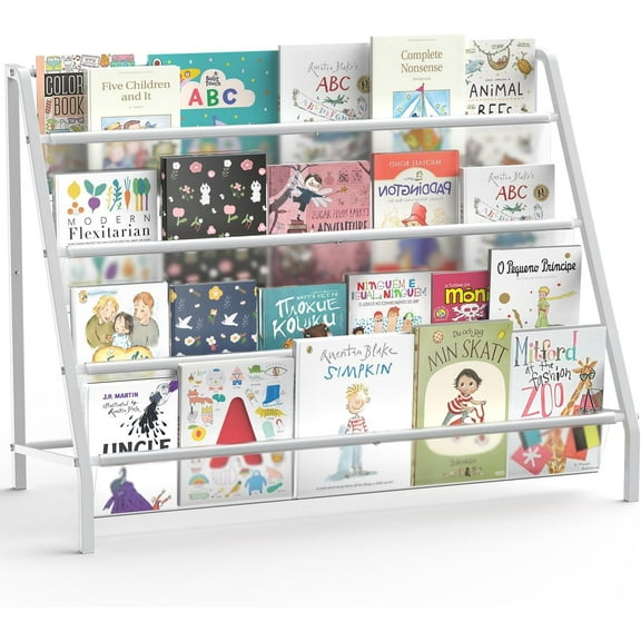High-Transparent 4 Tier Kids Bookshelf, Sturdy Metal Large Size Book Rack Storage for Kids - Toddler Book Shelf Display for Nurasery, Kids Room, Deep Size Bookshelf Hold More Books