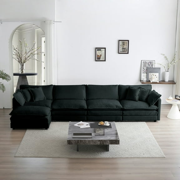 High U Shaped Sectional: 5 Seater With In Cozy Black Fabric Convertible Chenille Armrest