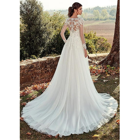 High U-neck Lace Long Sleeve A- Line Long Tail Simple Wedding Dress