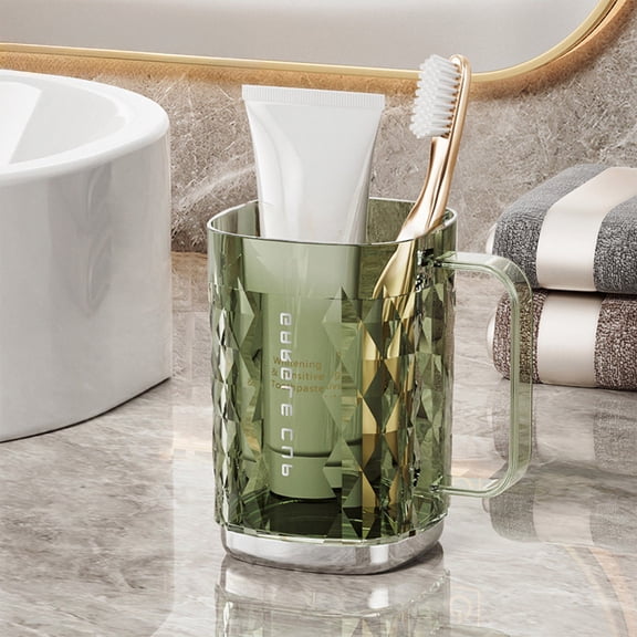 High-Value Toothbrush Cup with Handle - Transparent Mouthwash Cup, 450ml Capacity, Geometric Design, Metal Base, Modern Style, Green