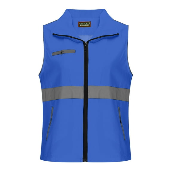 High Vis Safety Vest Womens Breathable Zip Up Sleeveless Reflective Strip Waistcoat Fish Hiking Vest With Zip Closure Pockets Blue L