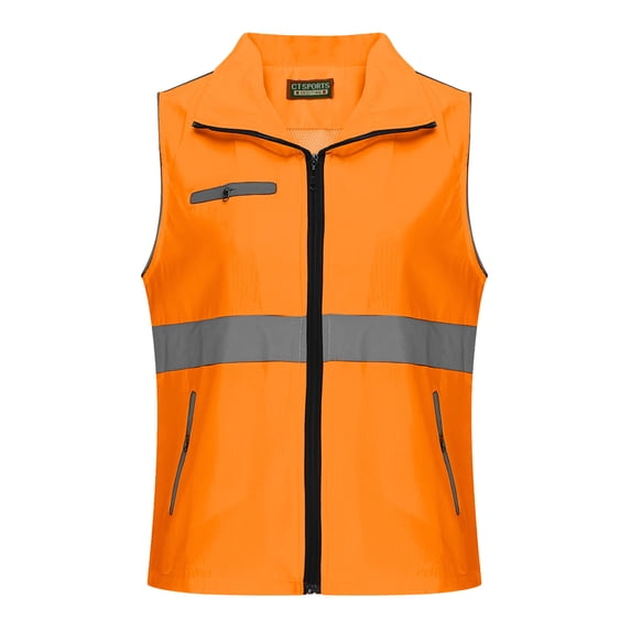 High Vis Safety Vest Womens Breathable Zip Up Sleeveless Reflective Strip Waistcoat Fish Hiking Vest With Zip Closure Pockets Orange M