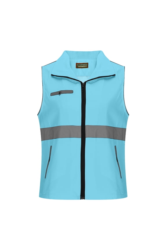 High Vis Safety Vest Womens Breathable Zip Up Sleeveless Reflective Strip Waistcoat Fish Hiking Vest With Zip Closure Pockets Sky Blue Xxxl