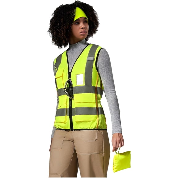 High Vis Safety Vest for Women - Reflective Strips, Multi-Pockets, Zipper Closure