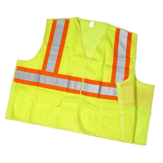 High Visibility ANSI Class 2 Mesh Tear Away Safety Vest with Pouch Pockets and 4" Orange/Silver/Orange Reflective Tape,