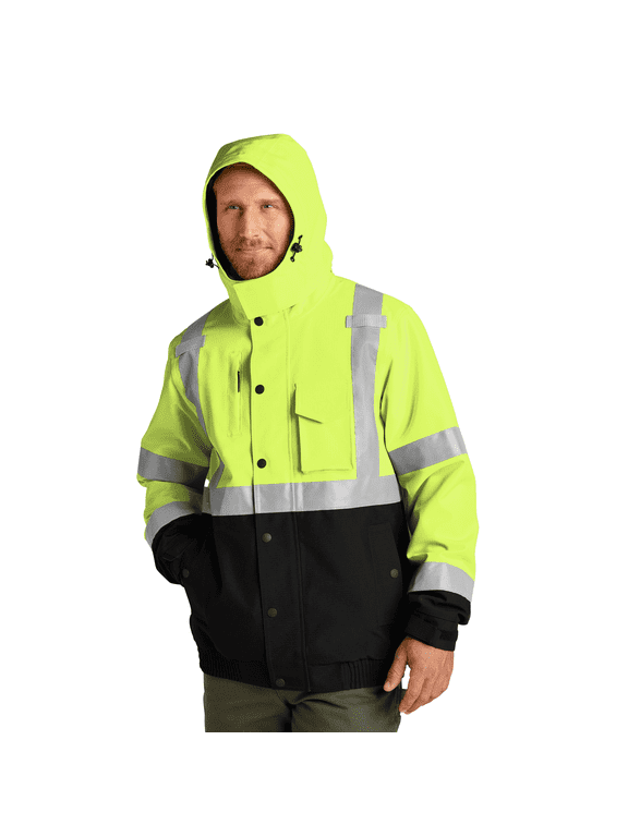 High Visibility Bomber Jacket for Work, Hi Vis Waterproof Insulated Ripstop Reflective Hooded Jacket (Safety Yellow, 3XL)